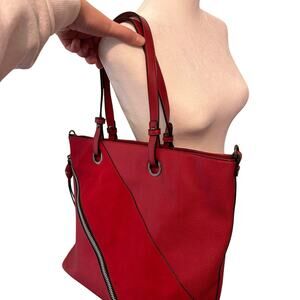 Large Red Pebbled Faux Leather Suede Tote Handbag Purse Shopping Bag Travel
